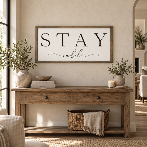 Brayden and Brooks Stay A While large rustic oak sign, 122 x 61 cm styled at true scale in a classic modern country interior, view 1.