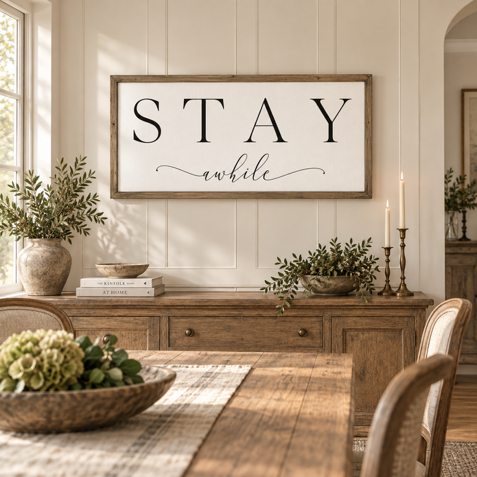 Brayden and Brooks Stay A While large rustic oak sign, 122 x 61 cm styled at true scale in a classic modern country interior, view 2.