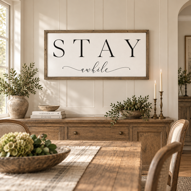 Brayden and Brooks Stay A While large rustic oak sign, 122 x 61 cm styled at true scale in a classic modern country interior, view 2.