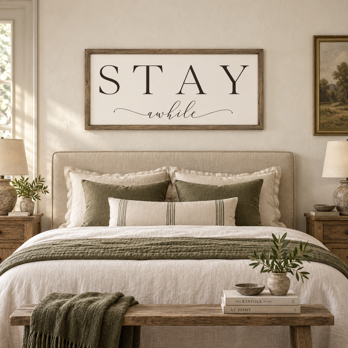 Brayden and Brooks Stay A While large rustic oak sign, 122 x 61 cm styled at true scale in a classic modern country interior, view 3.