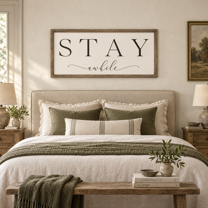 Brayden and Brooks Stay A While large rustic oak sign, 122 x 61 cm styled at true scale in a classic modern country interior, view 3.