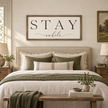 Brayden and Brooks Stay A While large rustic oak sign, 122 x 61 cm styled at true scale in a classic modern country interior, view 3.