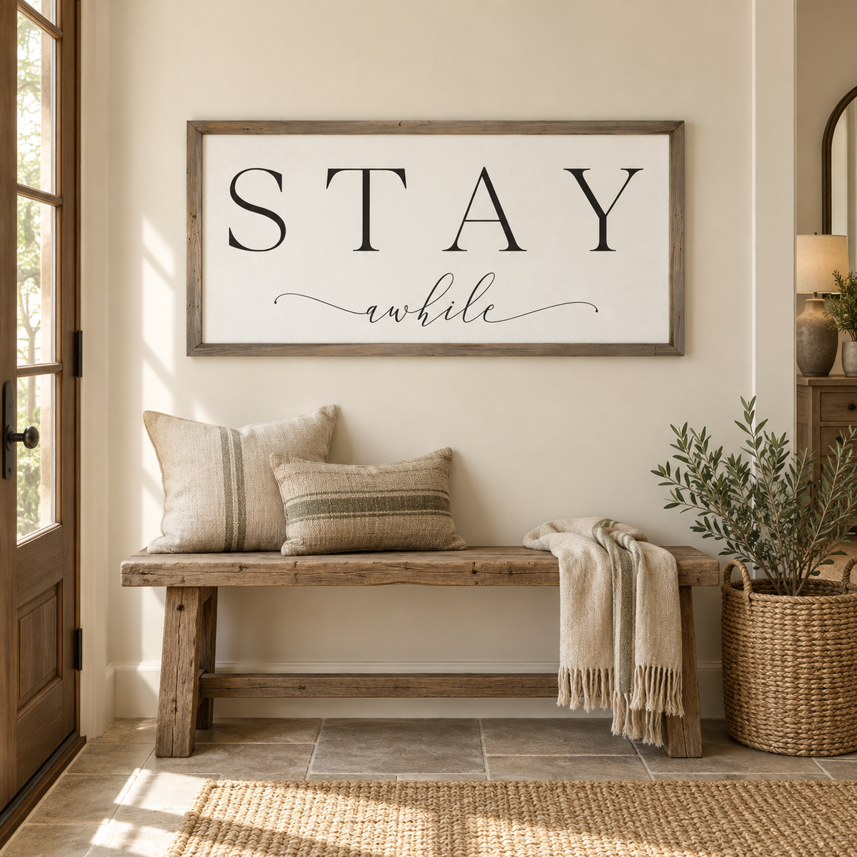 Brayden and Brooks Stay A While large rustic oak sign, 122 x 61 cm styled at true scale in a classic modern country interior, view 4.