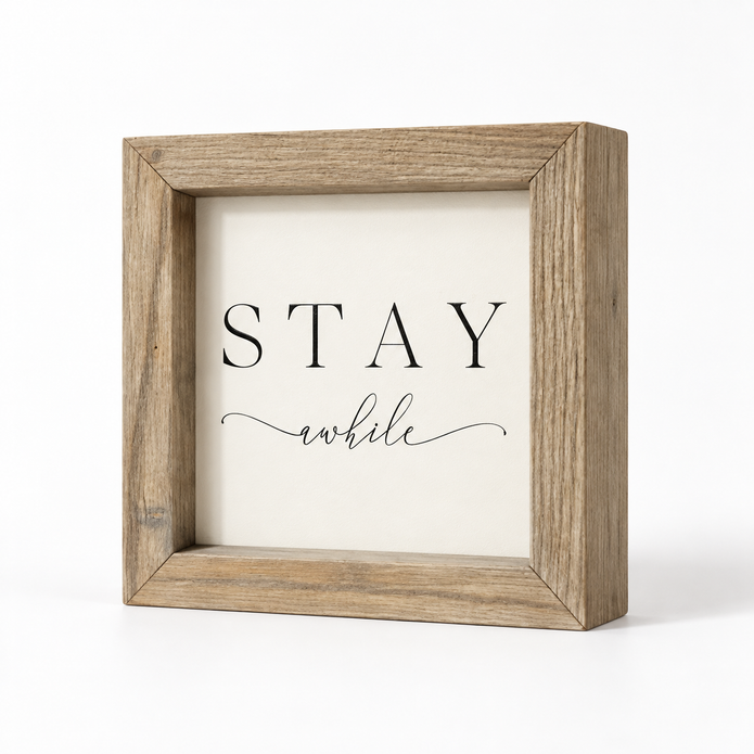 Brayden and Brooks Stay Awhile small rustic oak sign, 20 x 20 cm, angled studio view on white.