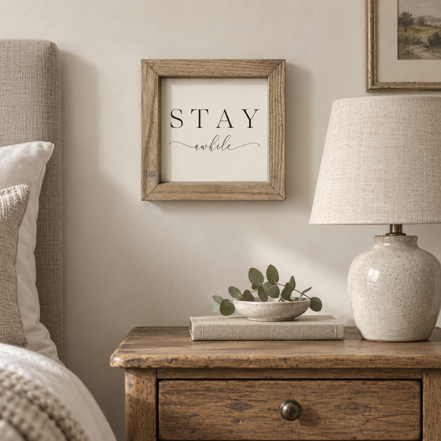 Brayden and Brooks Stay Awhile small rustic oak sign, 20 x 20 cm, styled at true scale in a classic modern country interior, view 2.