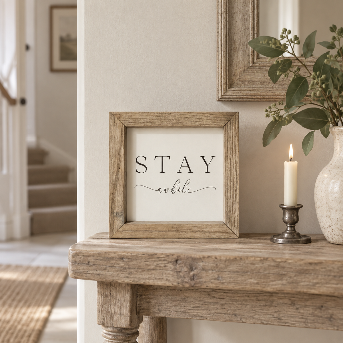 Brayden and Brooks Stay Awhile small rustic oak sign, 20 x 20 cm, styled at true scale in a classic modern country interior, view 3.