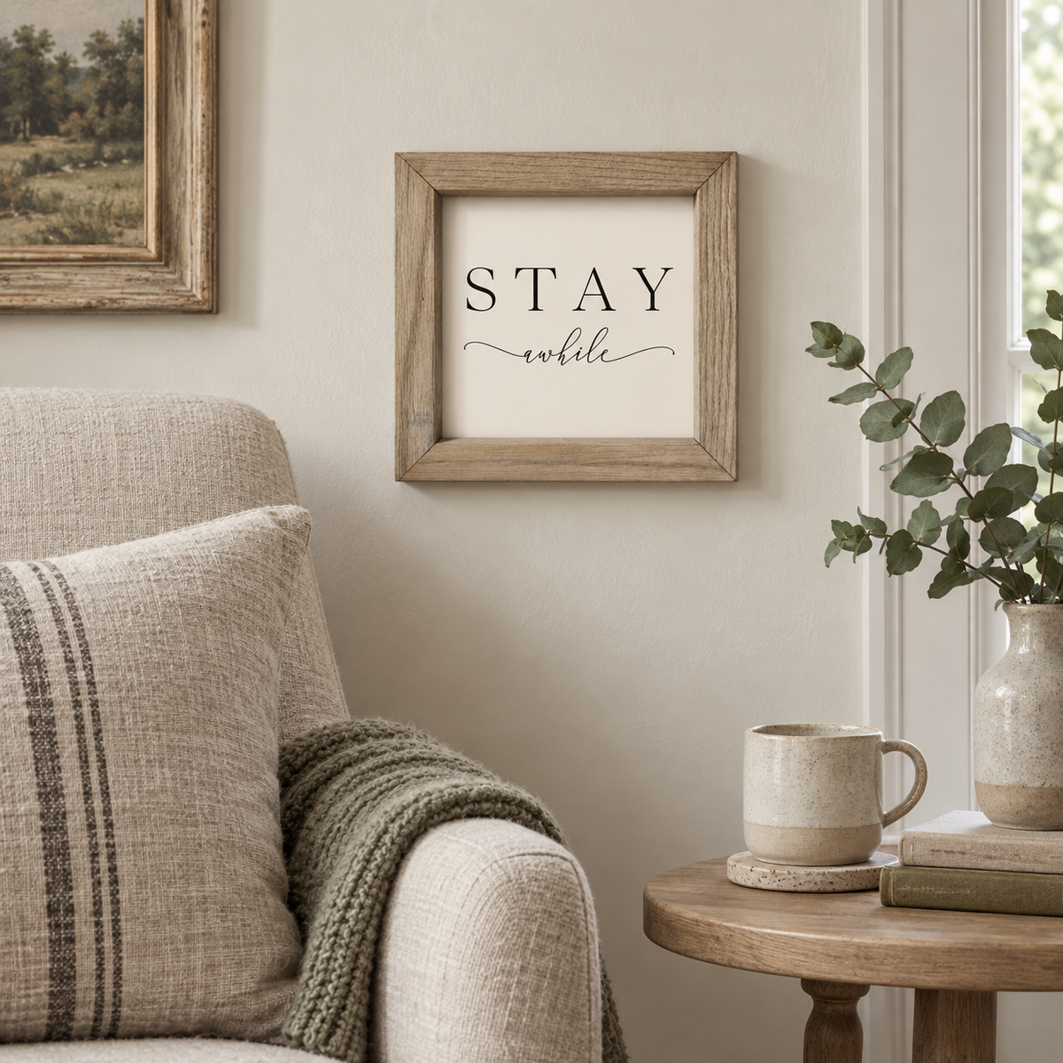 Brayden and Brooks Stay Awhile small rustic oak sign, 20 x 20 cm, styled at true scale in a classic modern country interior, view 4.