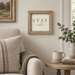 Brayden and Brooks Stay Awhile small rustic oak sign, 20 x 20 cm, styled at true scale in a classic modern country interior, view 4.