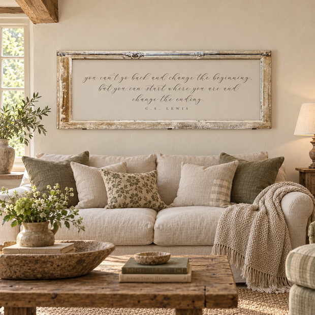 Brayden and Brooks You Can't Go Back antique shutter wall art in a country living room