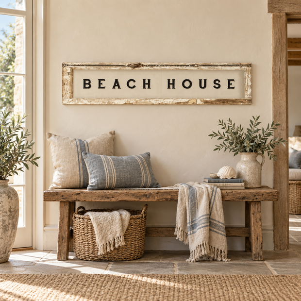 Brayden and Brooks Beach House antique shutter wall art styled above an oak bench