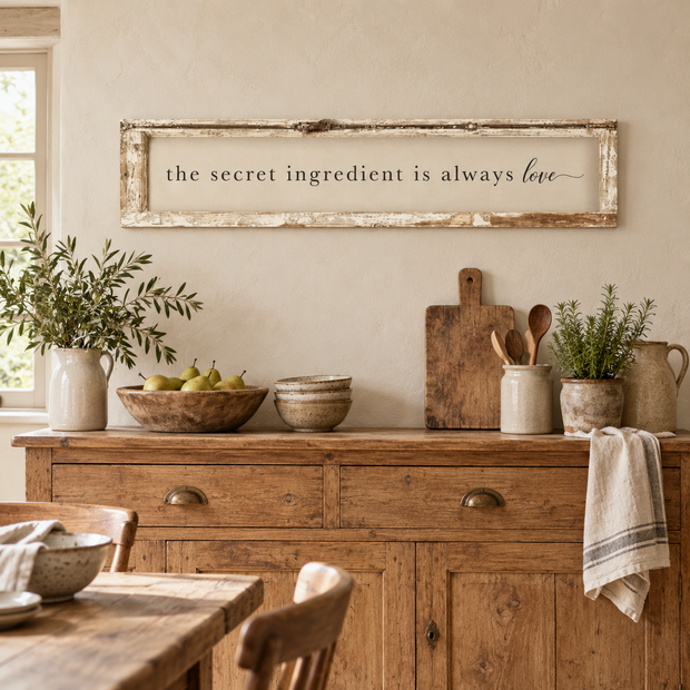 Brayden and Brooks Secret Ingredient antique shutter wall art styled in a country kitchen