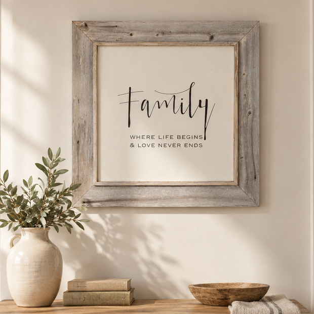 Brayden and Brooks Extra Large Rustic Sign — Family Where Life Begins and Love Never Ends — Whitewashed