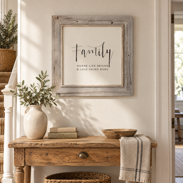 Brayden and Brooks whitewashed Family rustic sign styled in a warm country hallway