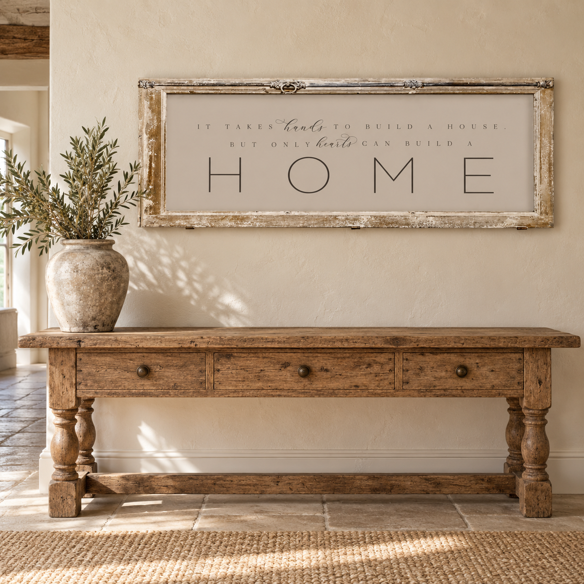 Brayden and Brooks HOME antique shutter wall art styled above an oak console
