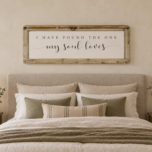 Brayden and Brooks I Have Found the One antique shutter wall art styled above a neutral bed