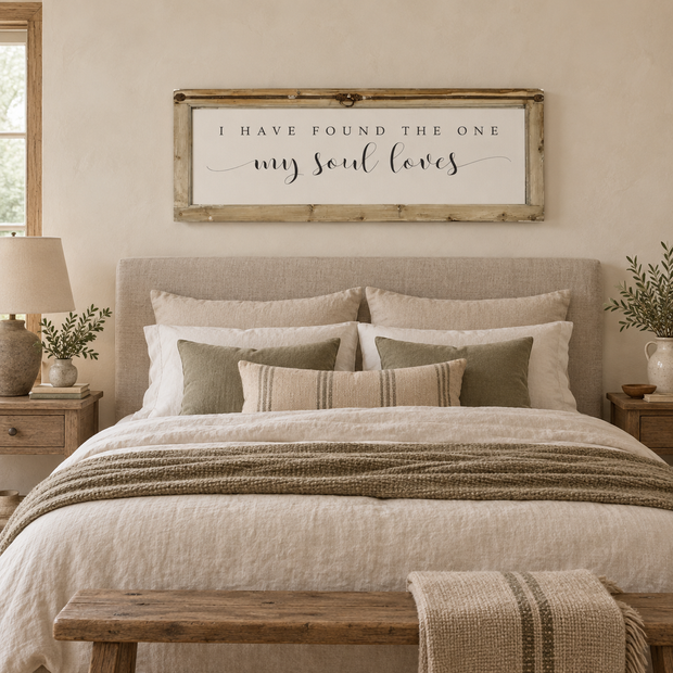 Brayden and Brooks I Have Found the One antique shutter wall art styled above a neutral bed
