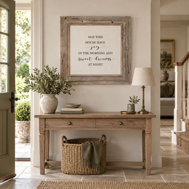Brayden and Brooks Joy in the Morning and Sweet Dreams rustic oak sign, 75 x 75 cm, styled in a country hallway