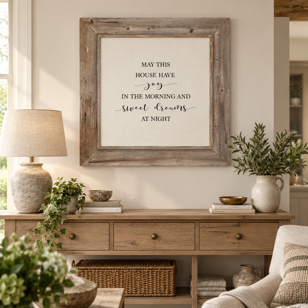 Brayden and Brooks Joy in the Morning and Sweet Dreams rustic oak sign, 75 x 75 cm, styled in a classic modern country living room
