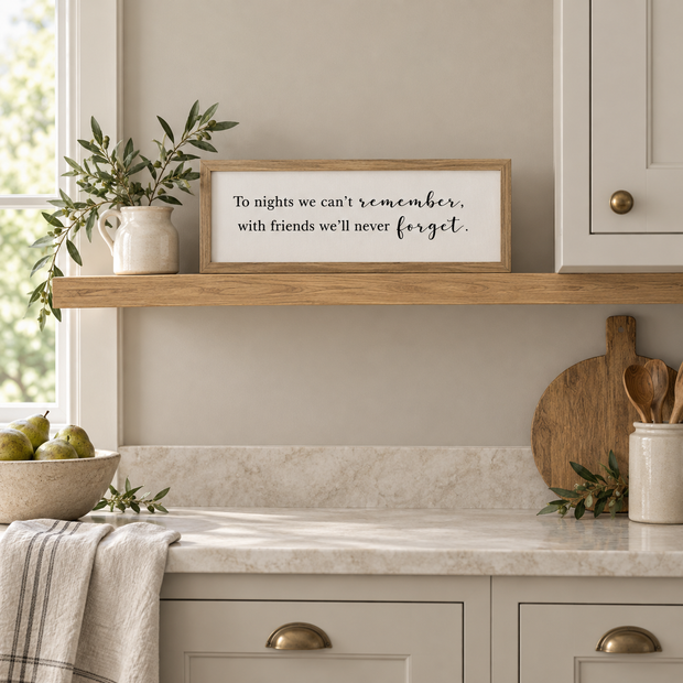 To Nights framed sign styled on an oak shelf in a classic modern country kitchen
