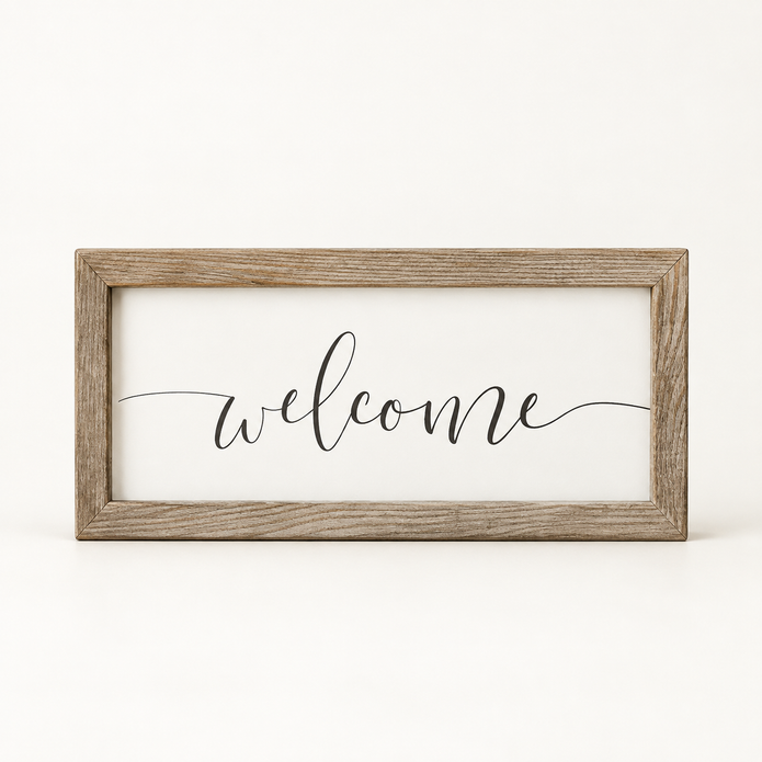Brayden and Brooks Welcome medium rustic oak sign, approximately 41 x 18 cm, straight-on studio view on white.
