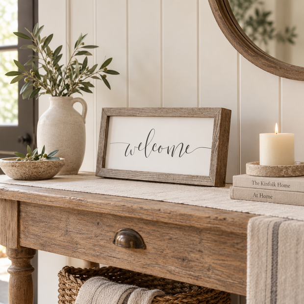 Brayden and Brooks Welcome medium rustic oak sign, approximately 41 x 18 cm styled at true scale in a classic modern country interior, view 1.