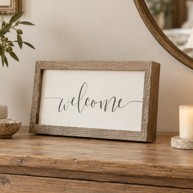 Brayden and Brooks Welcome medium rustic oak sign, approximately 41 x 18 cm styled at true scale in a classic modern country interior, view 3.
