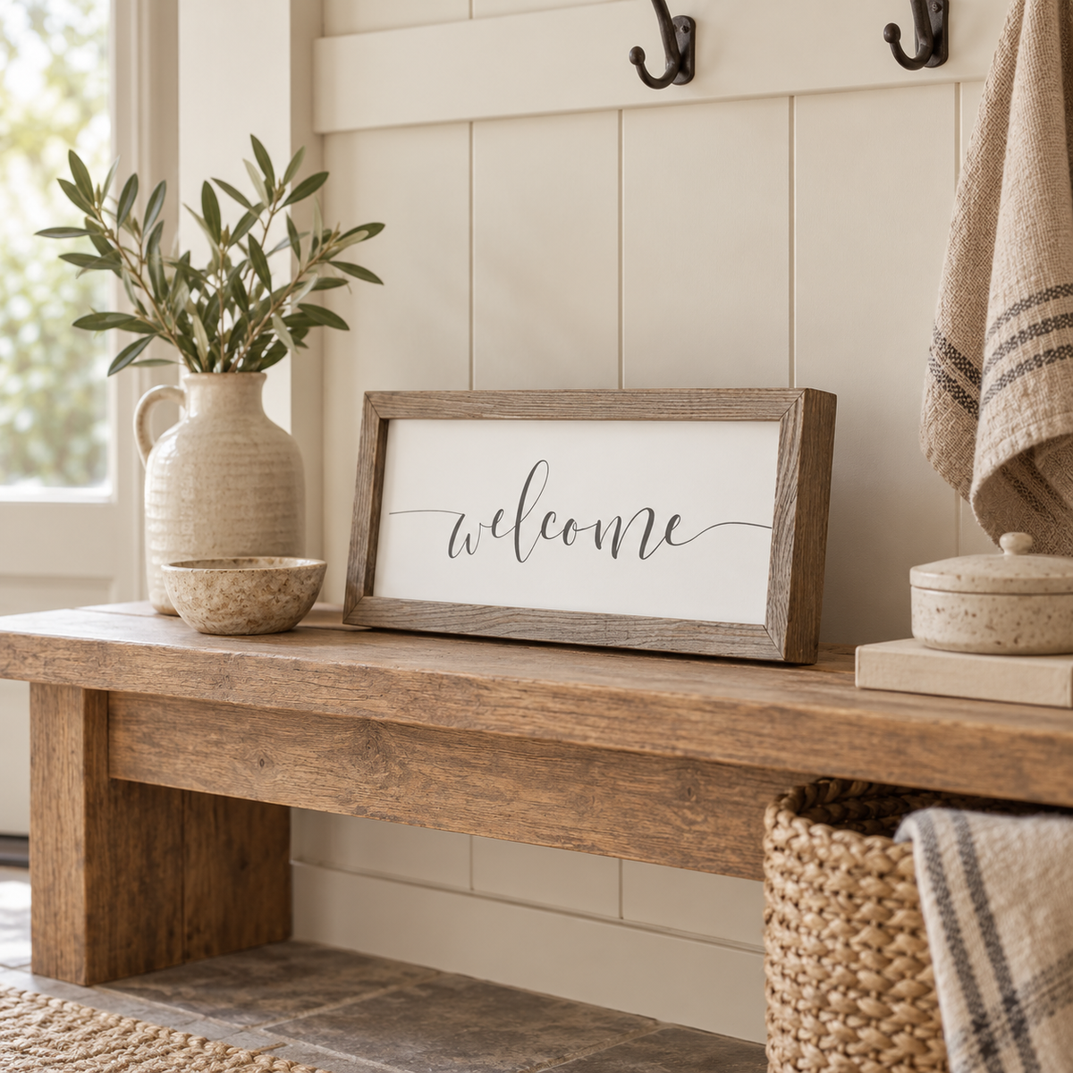 Brayden and Brooks Welcome medium rustic oak sign, approximately 41 x 18 cm styled at true scale in a classic modern country interior, view 4.