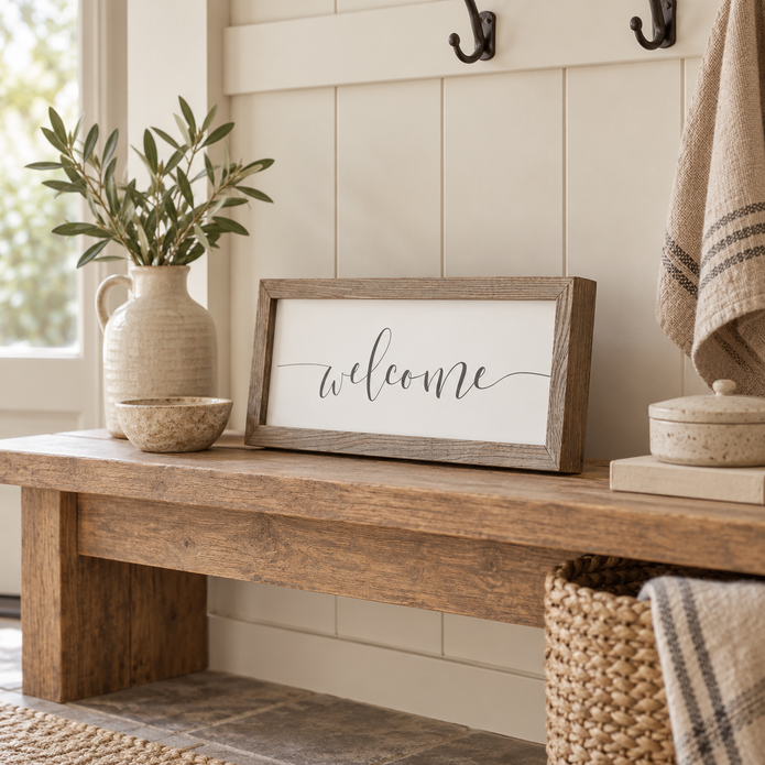 Brayden and Brooks Welcome medium rustic oak sign, approximately 41 x 18 cm styled at true scale in a classic modern country interior, view 4.