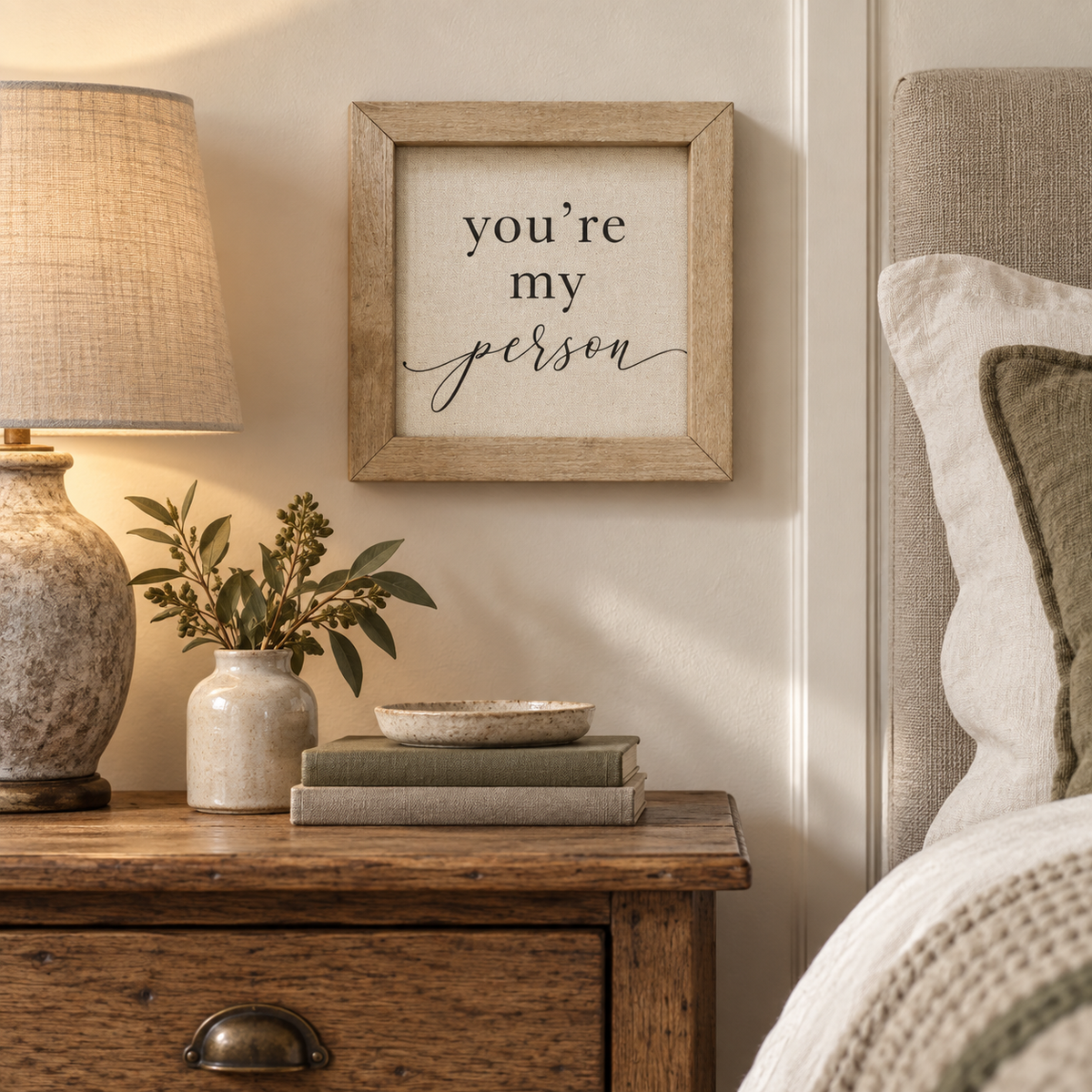 Brayden and Brooks You’re My Person small rustic oak sign, 20 x 20 cm styled at true scale in a classic modern country interior, view 2.