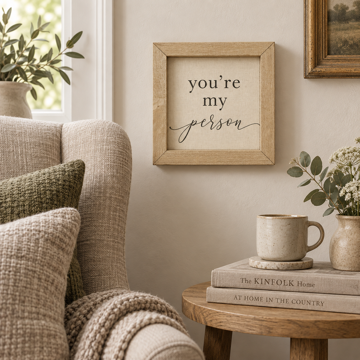 Brayden and Brooks You’re My Person small rustic oak sign, 20 x 20 cm styled at true scale in a classic modern country interior, view 4.