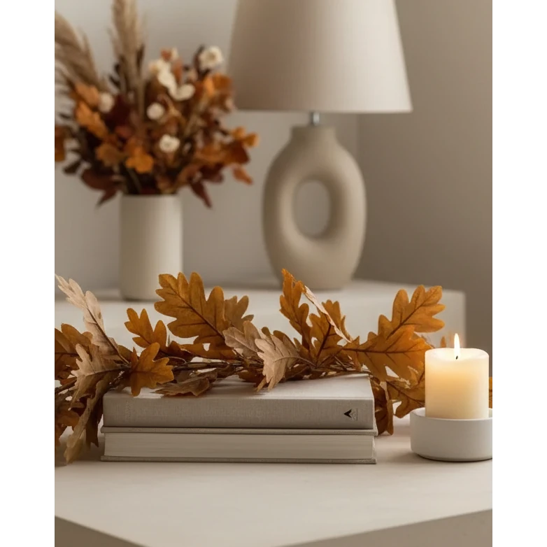 Brown Autumn Leaf Garland, brown leaves draped over books beside a candle and vase