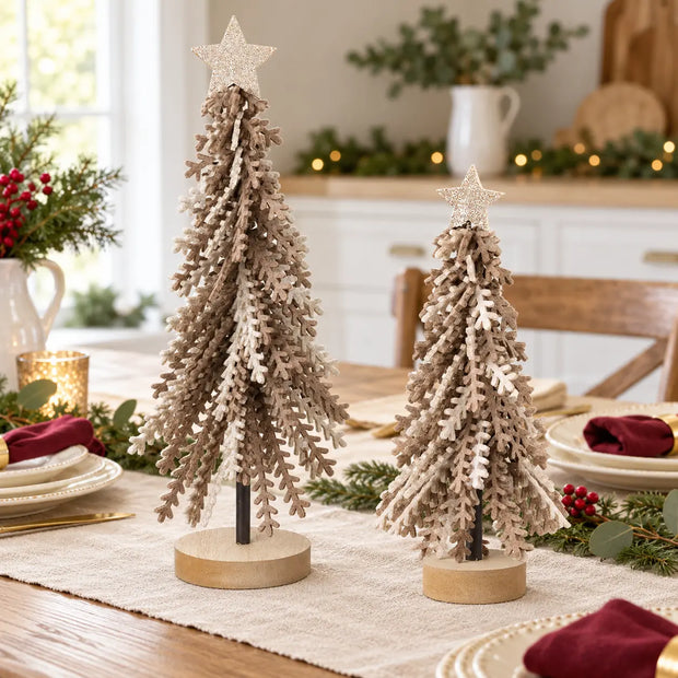 25cm and 40cm felt leaf Christmas trees styled together on a country Christmas dining table