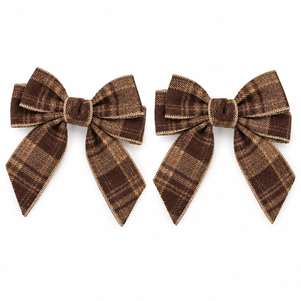 Set of two small chocolate brown and tan checked tweed bows on white background
