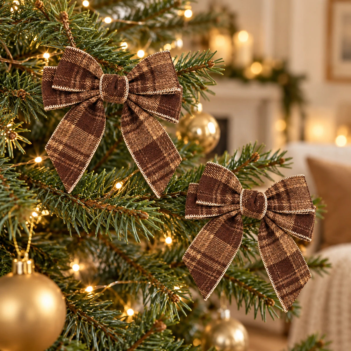Two small brown checked tweed bows styled on a lit Christmas tree