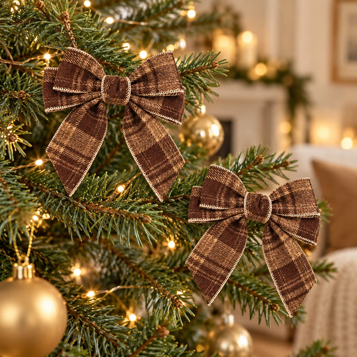 Two small brown checked tweed bows styled on a lit Christmas tree