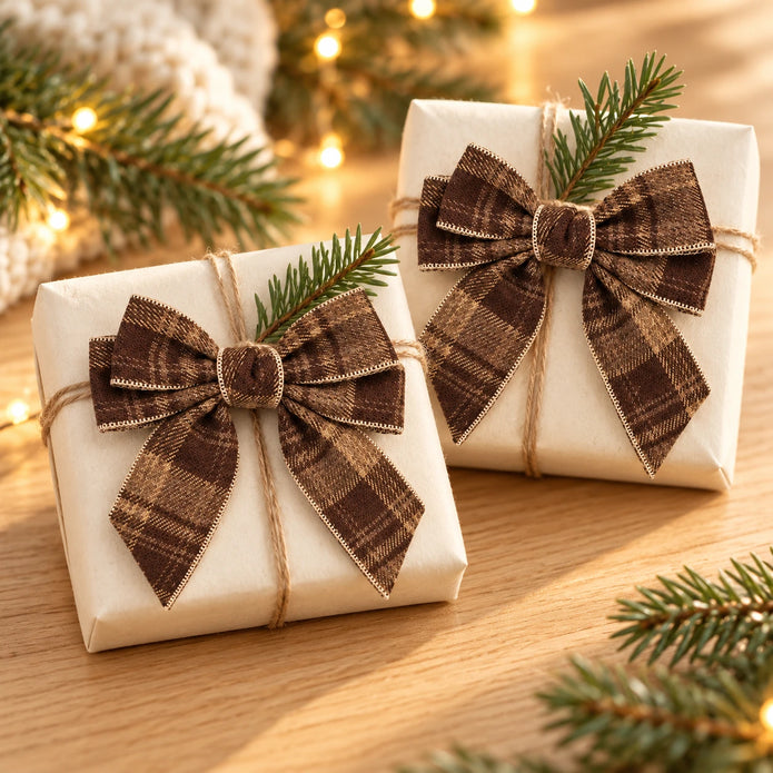 Pair of brown checked tweed bows on two wrapped Christmas gifts