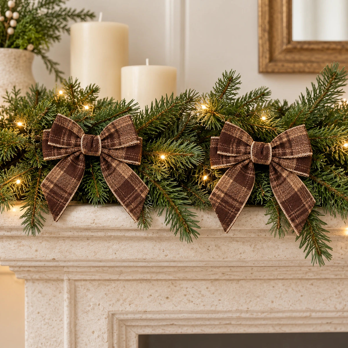 Set of two brown tweed bows clipped to a festive spruce mantel garland