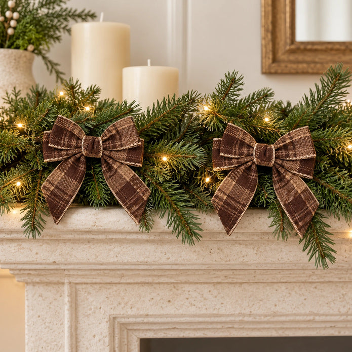 Set of two brown tweed bows clipped to a festive spruce mantel garland