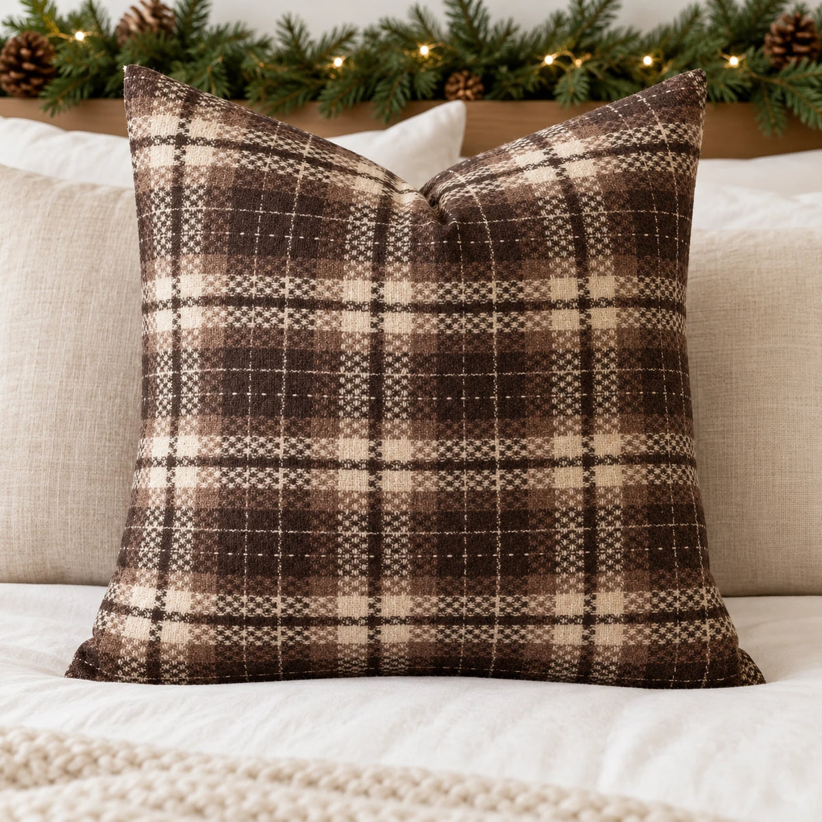 Brown tweed tartan cushion cover styled on ivory bedding with Christmas greenery