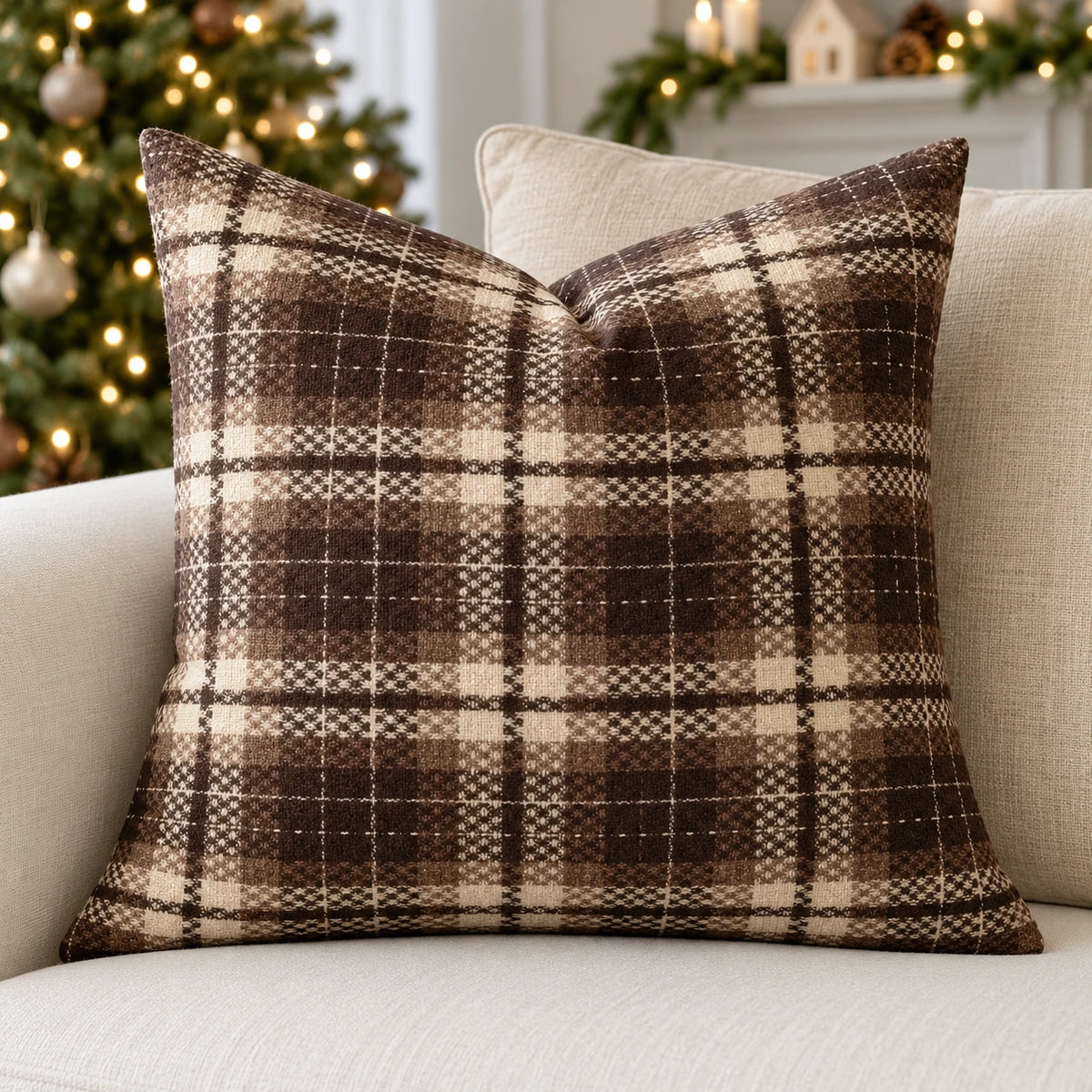 Brown tweed tartan cushion cover on a cream sofa with neutral Christmas decorations