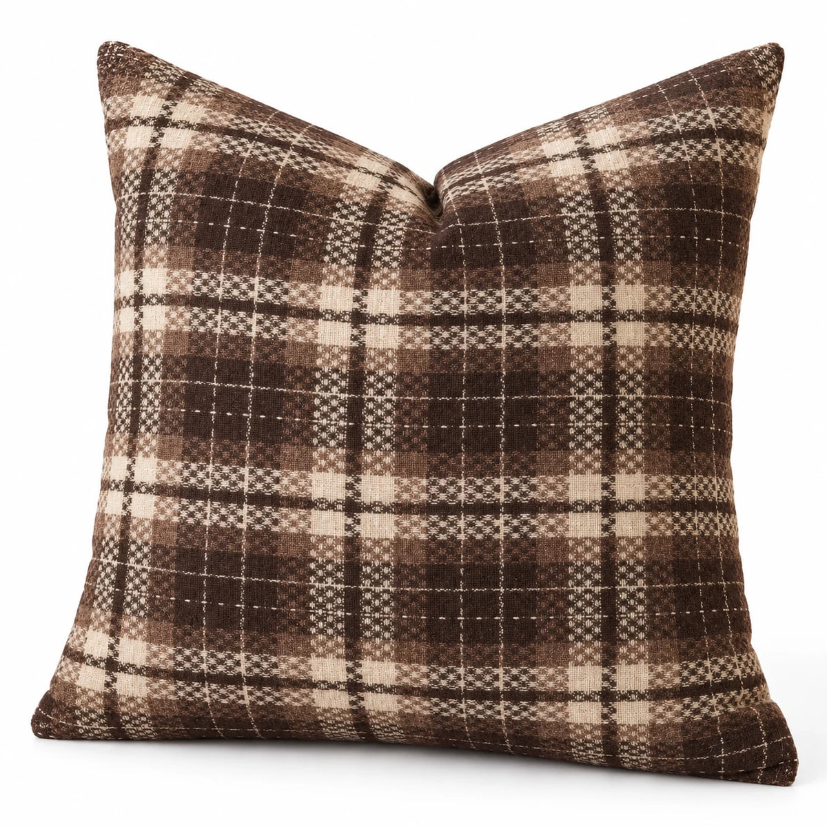 Angled studio view of brown and cream tartan cushion cover