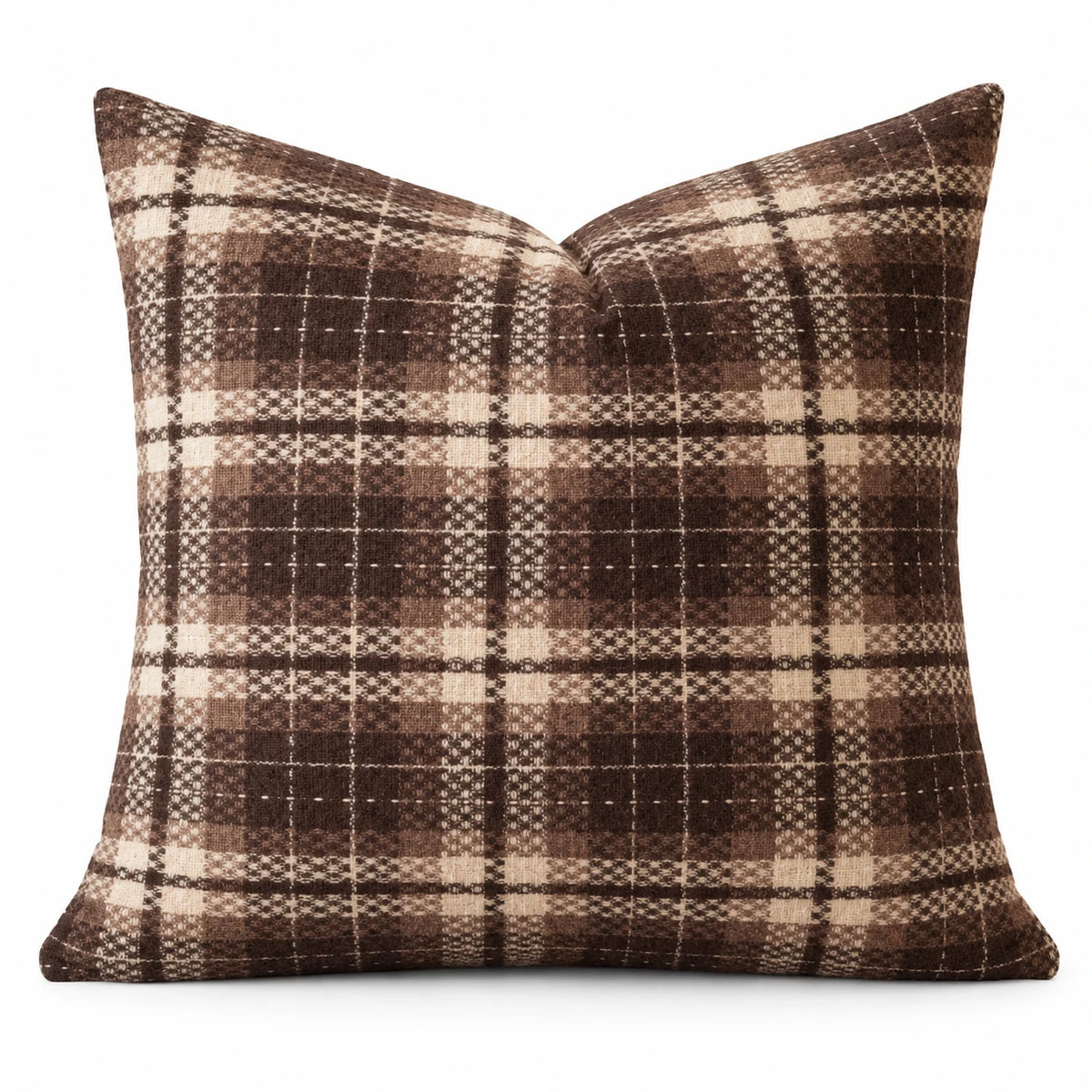 Front studio view of brown tweed tartan cushion cover