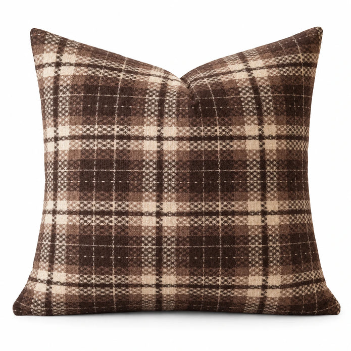 Front studio view of brown tweed tartan cushion cover