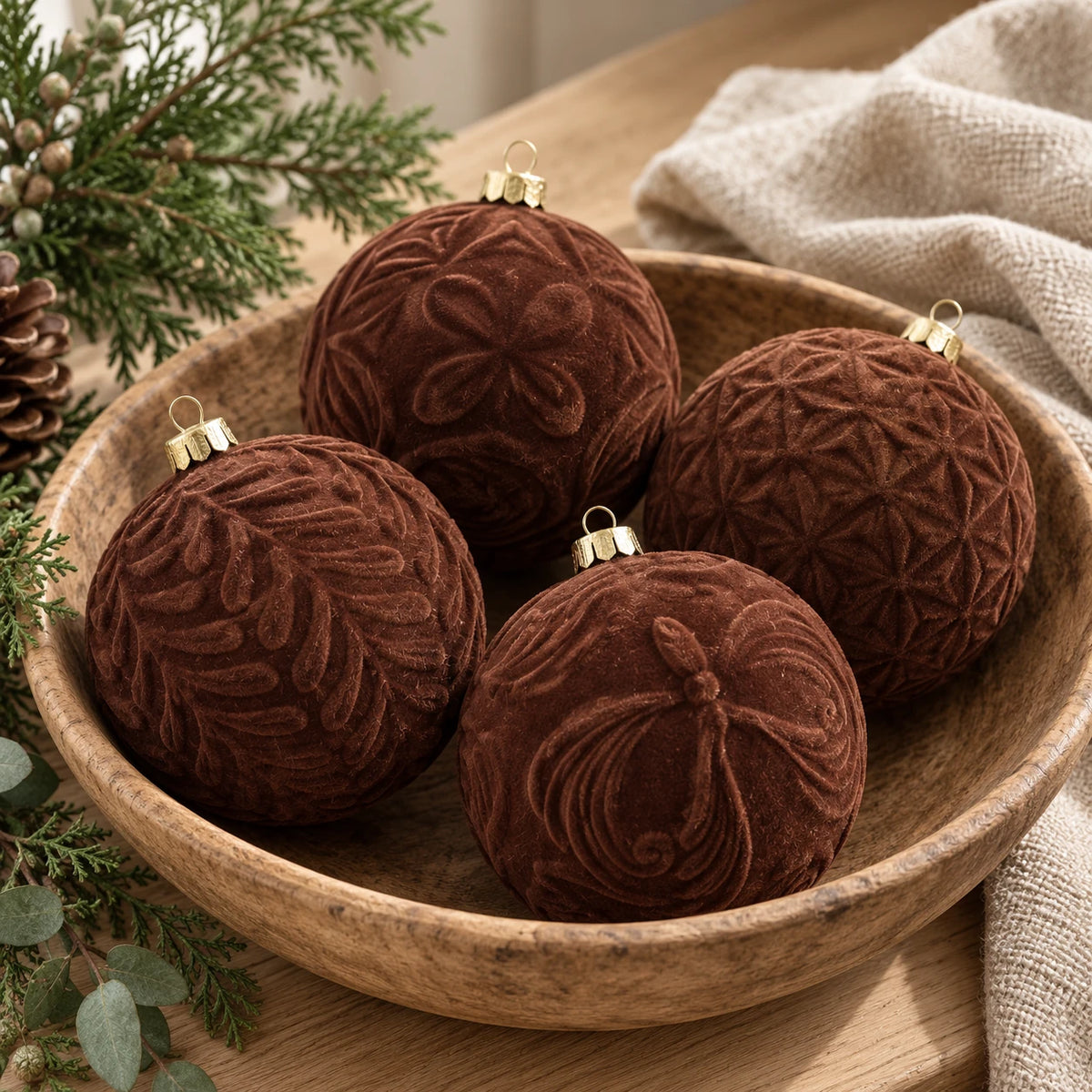 Brown velvet Christmas bauble from Starlight Express, displayed in a bowl with festive decorations.