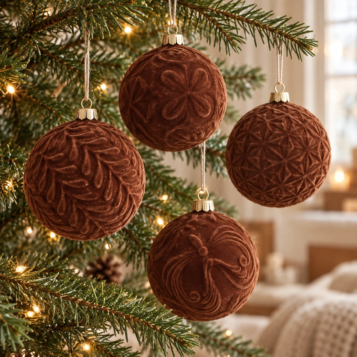 Brown velvet Christmas bauble from Starlight Express hanging on a decorated Christmas tree.