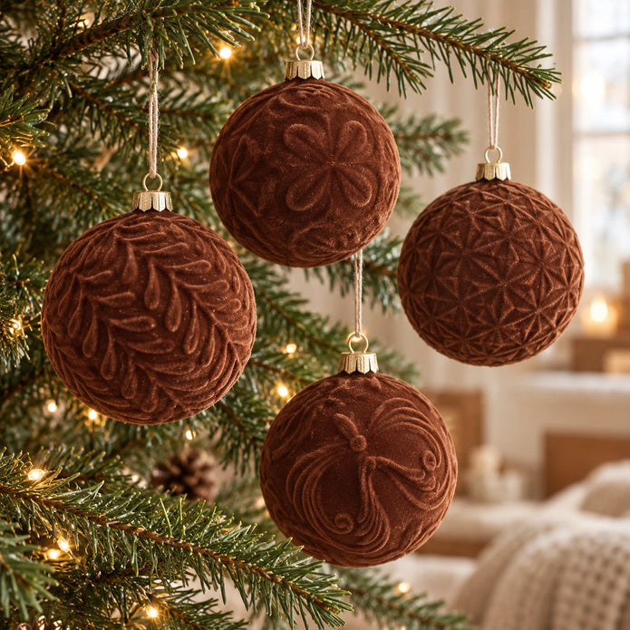 Brown velvet Christmas bauble from Starlight Express hanging on a decorated Christmas tree.