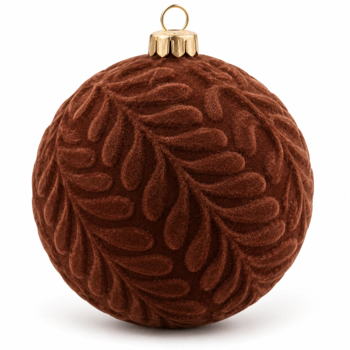 Brown velvet Christmas bauble with leaf design by Starlight Express, close-up shot of the elegant, textured holiday decoration.