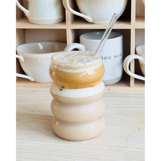 Starlight Express bubble glass coffee mug with straw, clear iced coffee cup for kitchen and dining use, featuring a bubble design.