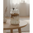 Starlight Express Bubble Glass Travel Coffee Mug in short style, clear glass with bubble pattern, perfect for on-the-go coffee.