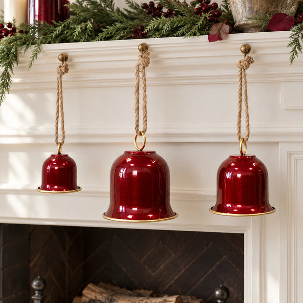 Set of three burgundy Christmas bells with hangers by Satchville, perfect for holiday decorations and mantel displays.